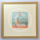 Meet the Mustards: Rebel Rebel by Sam Toft, mounted miniature print. A fun picture of a man walking his dog on the promenade without a lead ignoring the sign. Framed in Oak.