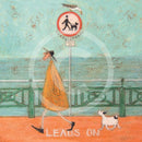 Meet the Mustards: Rebel Rebel by Sam Toft, mounted miniature print. A fun picture of a man walking his dog on the promenade without a lead ignoring the sign. 
