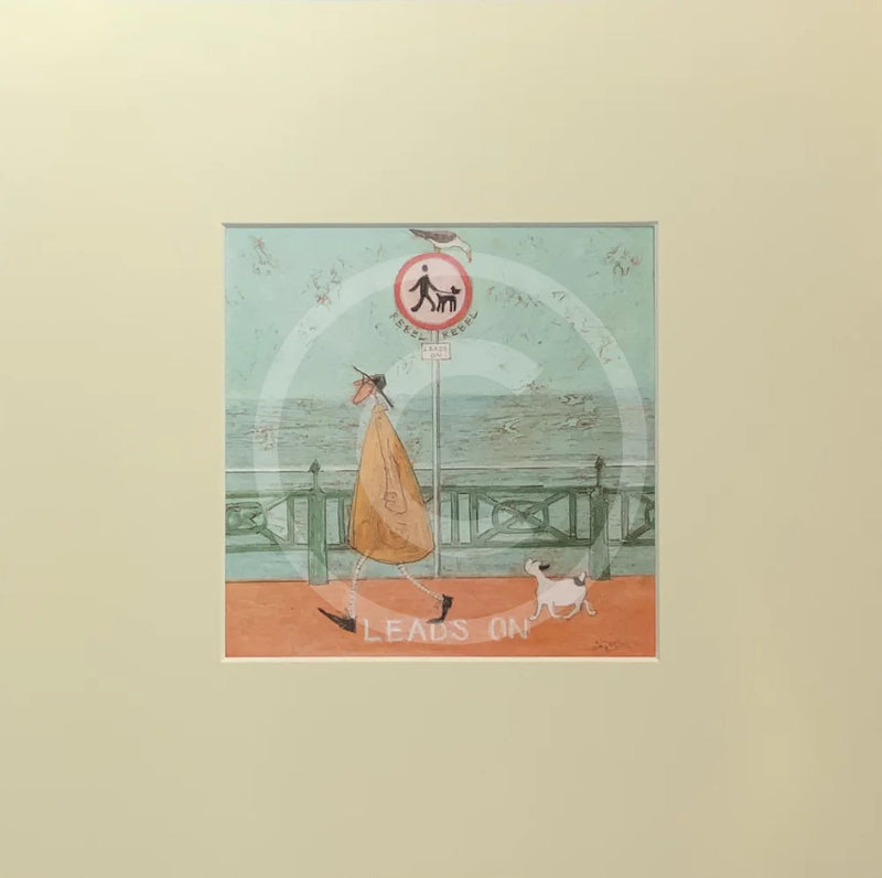 Meet the Mustards: Rebel Rebel by Sam Toft, mounted miniature print. A fun picture of a man walking his dog on the promenade without a lead ignoring the sign. 