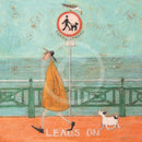 Meet the Mustards: Rebel Rebel by Sam Toft, mounted miniature print. A fun picture of a man walking his dog on the promenade without a lead ignoring the sign. 