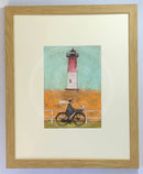 Meet the Mustards: Riding by the Light by Sam Toft, mounted miniature. A man riding a bike, dog in his basket past a light house. Framed in oak.