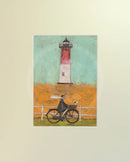 Meet the Mustards: Riding by the Light by Sam Toft, mounted miniature. A man riding a bike, dog in his basket past a light house. 