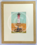 Meet the Mustards: Riding by the Light by Sam Toft, mounted miniature. A man riding a bike, dog in his basket past a light house. Framed in oak.