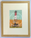 Meet the Mustards: Riding by the Light by Sam Toft, mounted miniature. A man riding a bike, dog in his basket past a light house. Framed in oak.