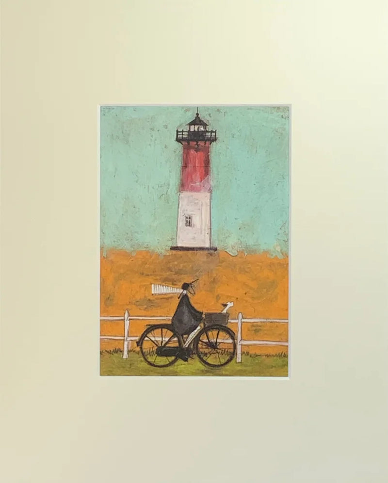 Meet the Mustards: Riding by the Light by Sam Toft, mounted miniature. A man riding a bike, dog in his basket past a light house. 