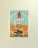 Meet the Mustards: Riding by the Light by Sam Toft, mounted miniature. A man riding a bike, dog in his basket past a light house. 