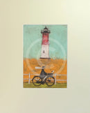 Meet the Mustards: Riding by the Light by Sam Toft, mounted miniature. A man riding a bike, dog in his basket past a light house. 