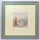 Meet the Mustards: Sea Cat by Sam Toft, mounted miniature print. A ginger cat sitting looking out to sea next to a miniature light house. Framed in Nordic Blue. 