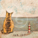 Meet the Mustards: Sea Cat by Sam Toft, mounted miniature print. A ginger cat sitting looking out to sea next to a miniature light house. 
