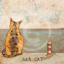 Meet the Mustards: Sea Cat by Sam Toft, mounted miniature print. A ginger cat sitting looking out to sea next to a miniature light house. 