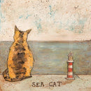 Meet the Mustards: Sea Cat by Sam Toft, mounted miniature print. A ginger cat sitting looking out to sea next to a miniature light house. 