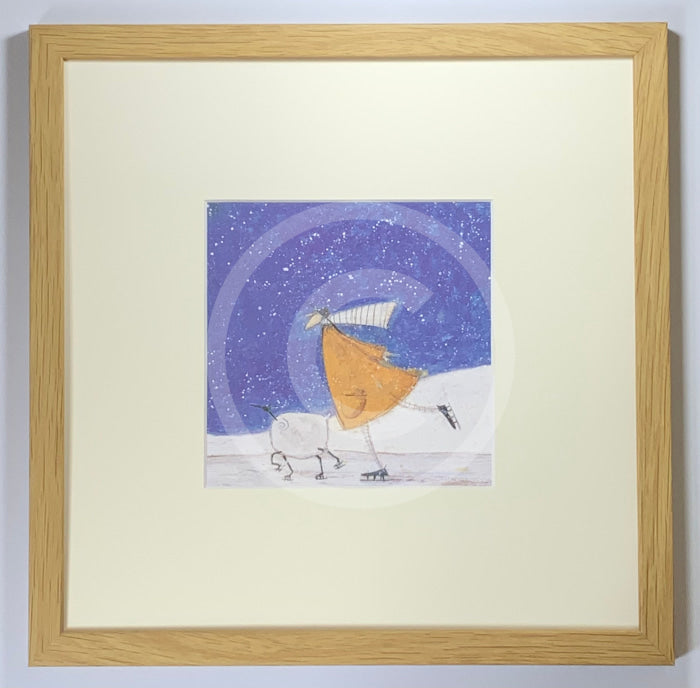 Meet The Mustards: Skating With Audrey By Sam Toft Mounted Miniature Mounted Print. A fun picture of a man called Mr Mustard skating on the ice with his pet sheep Audrey. Framed in oak