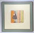 Meet the Mustards: Some Quiet Time by Sam Toft, mounted miniature print. A thoughtful picture of a man called Mr Mustard stood holding is black and white dog Doris. Framed in Nordic Blue.
