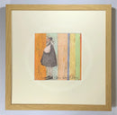 Meet the Mustards: Some Quiet Time by Sam Toft, mounted miniature print. A thoughtful picture of a man called Mr Mustard stood holding is black and white dog Doris.  Framed in oak.