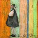 Meet the Mustards: Some Quiet Time by Sam Toft, mounted miniature print. A thoughtful picture of a man called Mr Mustard stood holding is black and white dog Doris. 