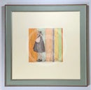 Meet the Mustards: Some Quiet Time by Sam Toft, mounted miniature print. A thoughtful picture of a man called Mr Mustard stood holding is black and white dog Doris. Framed in Nordic Blue.