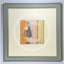 Meet the Mustards: Some Quiet Time by Sam Toft, mounted miniature print. A thoughtful picture of a man called Mr Mustard stood holding is black and white dog Doris. Framed in Nordic Blue.