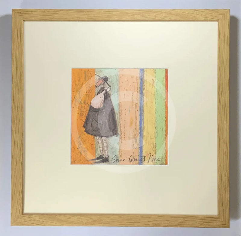 Meet the Mustards: Some Quiet Time by Sam Toft, mounted miniature print. A thoughtful picture of a man called Mr Mustard stood holding is black and white dog Doris.  Framed in oak.