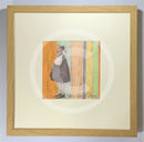 Meet the Mustards: Some Quiet Time by Sam Toft, mounted miniature print. A thoughtful picture of a man called Mr Mustard stood holding is black and white dog Doris.  Framed in oak.