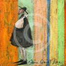 Meet the Mustards: Some Quiet Time by Sam Toft, mounted miniature print. A thoughtful picture of a man called Mr Mustard stood holding is black and white dog Doris. 