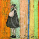 Meet the Mustards: Some Quiet Time by Sam Toft, mounted miniature print. A thoughtful picture of a man called Mr Mustard stood holding is black and white dog Doris. 