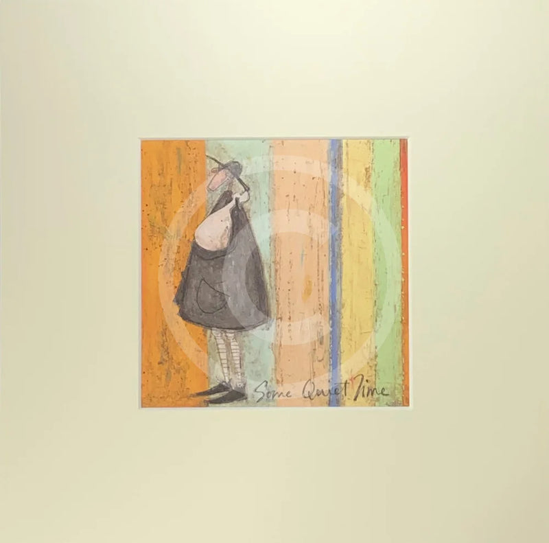 Meet the Mustards: Some Quiet Time by Sam Toft, mounted miniature print. A thoughtful picture of a man called Mr Mustard stood holding is black and white dog Doris. 