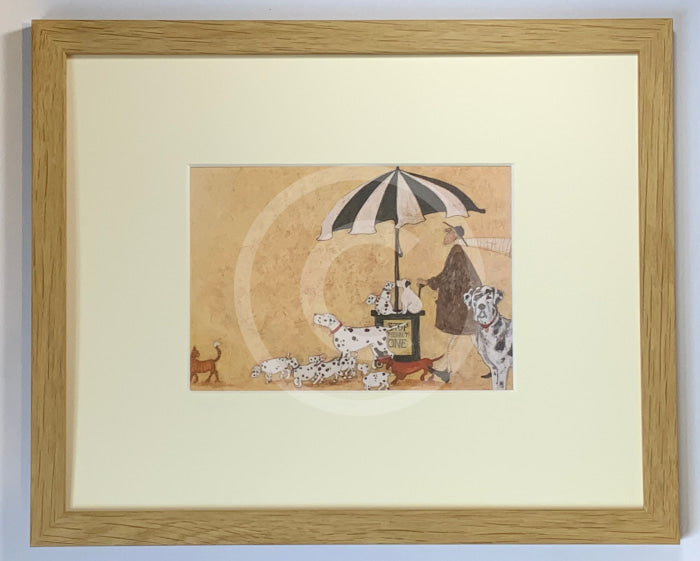 Meet the Mustards: Stop Me and Buy One by Sam Toft, mounted miniature Print. A fun print with lots of Dalmatian dogs. Framed in oak.
