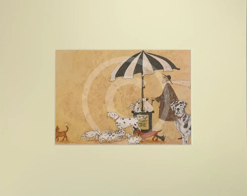 Meet the Mustards: Stop Me and Buy One by Sam Toft, mounted miniature Print. A fun print with lots of Dalmatian dogs. 