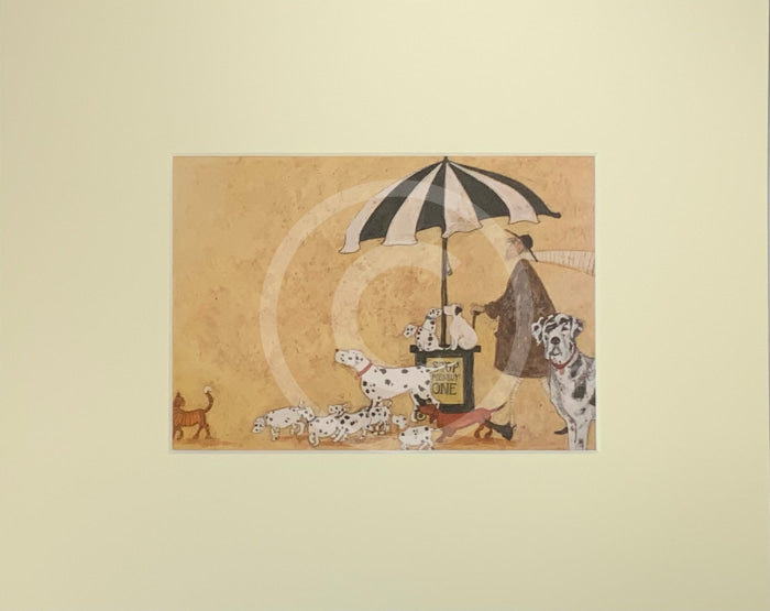 Meet the Mustards: Stop Me and Buy One by Sam Toft, mounted miniature Print. A fun print with lots of Dalmatian dogs. 