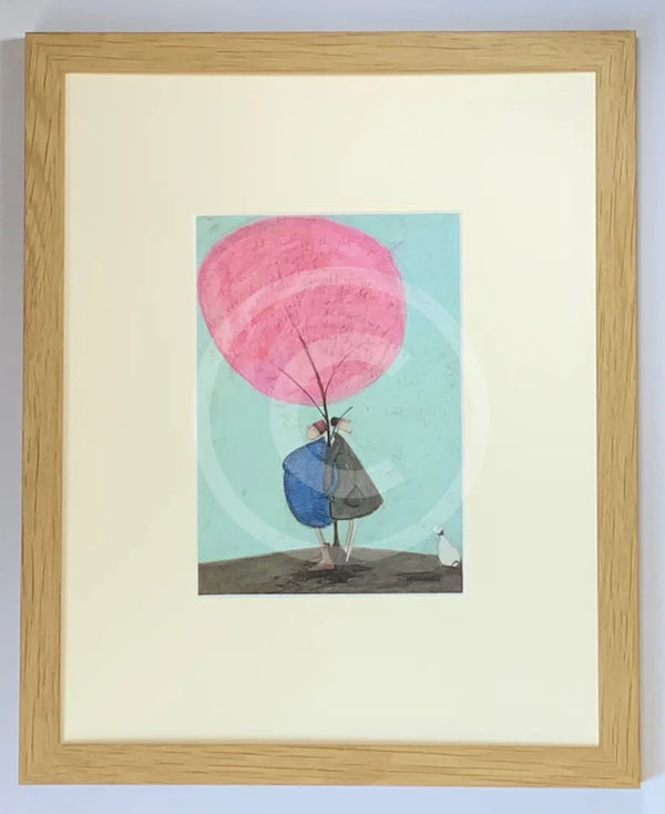 Meet the Mustards: The Very Thought of You by Sam Toft, mounted miniature print. A couple linking arms stood back to back with their black and white dog looking on. Framed in oak.