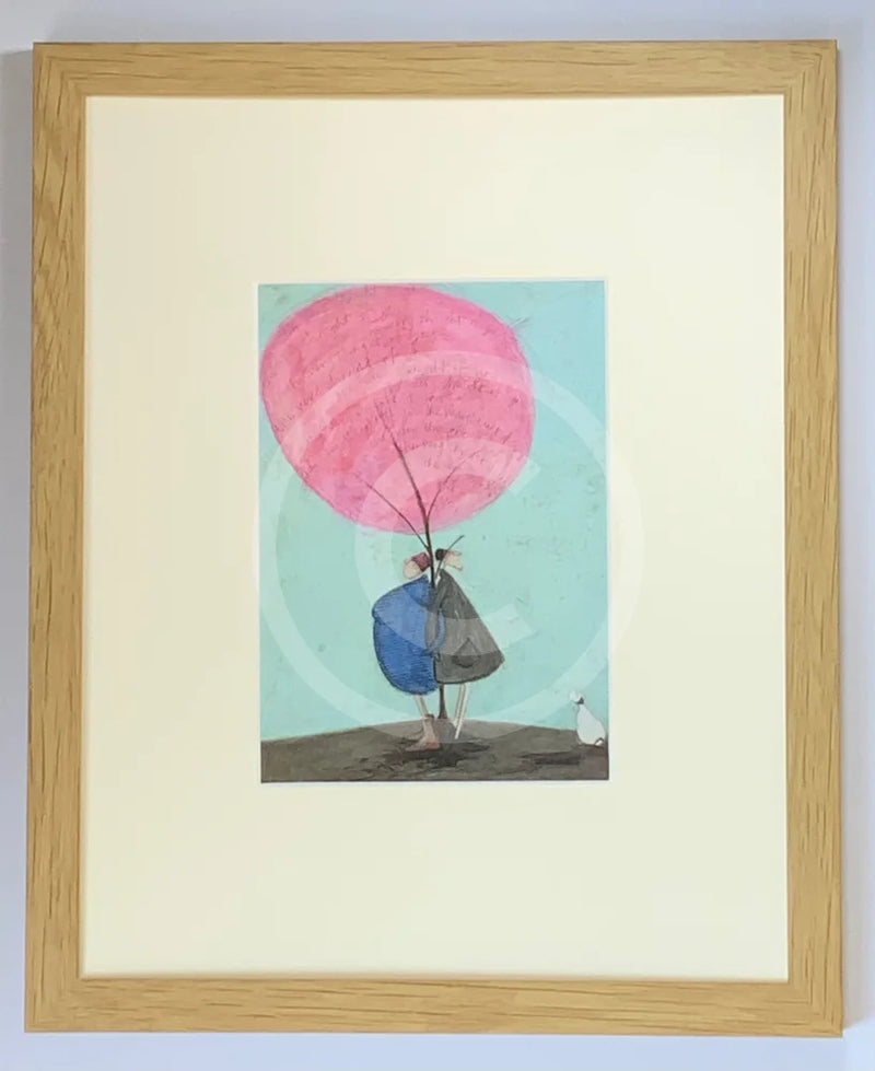 Meet the Mustards: The Very Thought of You by Sam Toft, mounted miniature print. A couple linking arms stood back to back with their black and white dog looking on. Framed in oak.