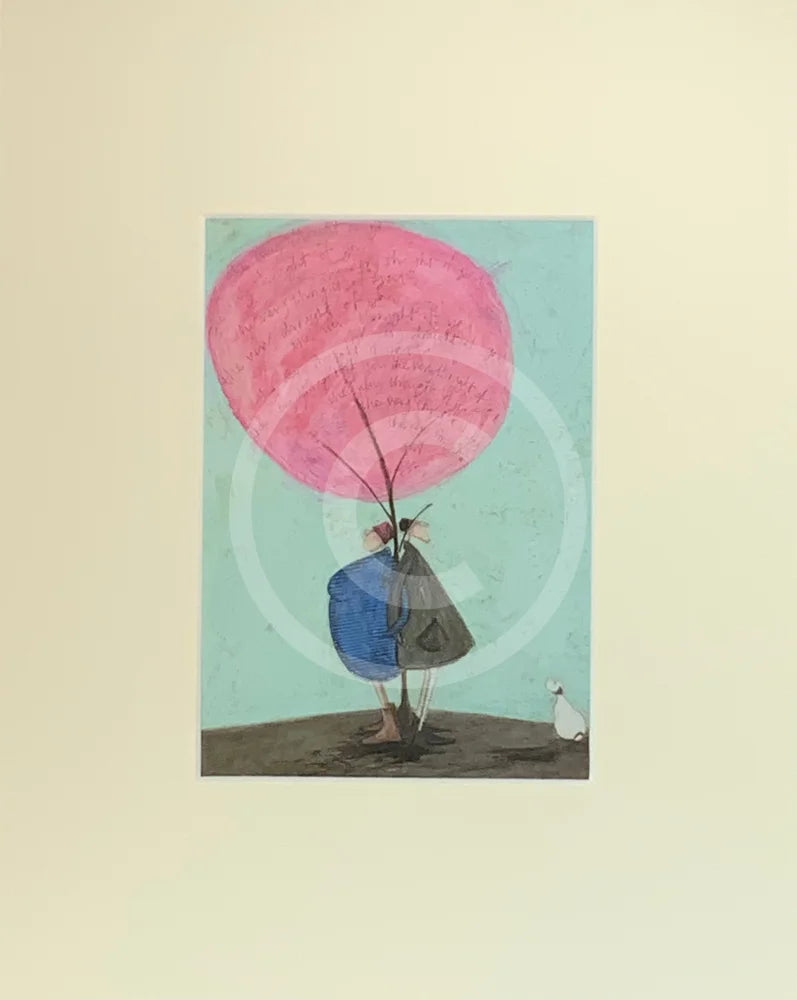Meet the Mustards: The Very Thought of You by Sam Toft, mounted miniature print. A couple linking arms stood back to back with their black and white dog looking on.