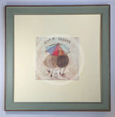 Meet the Mustards: Warm Inside by Sam Toft, mounted miniature print. A nostalgic picture of a couple, Mr Mustard and his wife Violet, viewed from the back walking under a brightly coloured umbrella with their black and white dog Doris following behind. Framed in Nordic Blue.