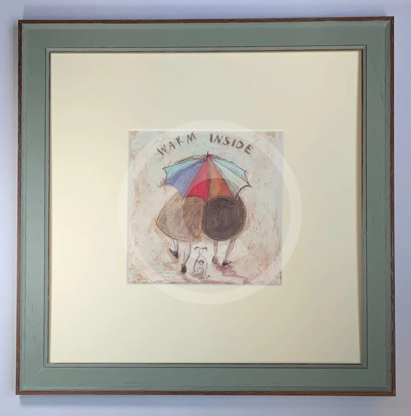 Meet the Mustards: Warm Inside by Sam Toft, mounted miniature print. A nostalgic picture of a couple, Mr Mustard and his wife Violet, viewed from the back walking under a brightly coloured umbrella with their black and white dog Doris following behind. Framed in Nordic Blue.