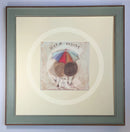 Meet the Mustards: Warm Inside by Sam Toft, mounted miniature print. A nostalgic picture of a couple, Mr Mustard and his wife Violet, viewed from the back walking under a brightly coloured umbrella with their black and white dog Doris following behind. Framed in Nordic Blue.