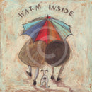 Meet the Mustards: Warm Inside by Sam Toft, mounted miniature print. A nostalgic picture of a couple, Mr Mustard and his wife Violet, viewed from the back walking under a brightly coloured umbrella with their black and white dog Doris following behind. 
