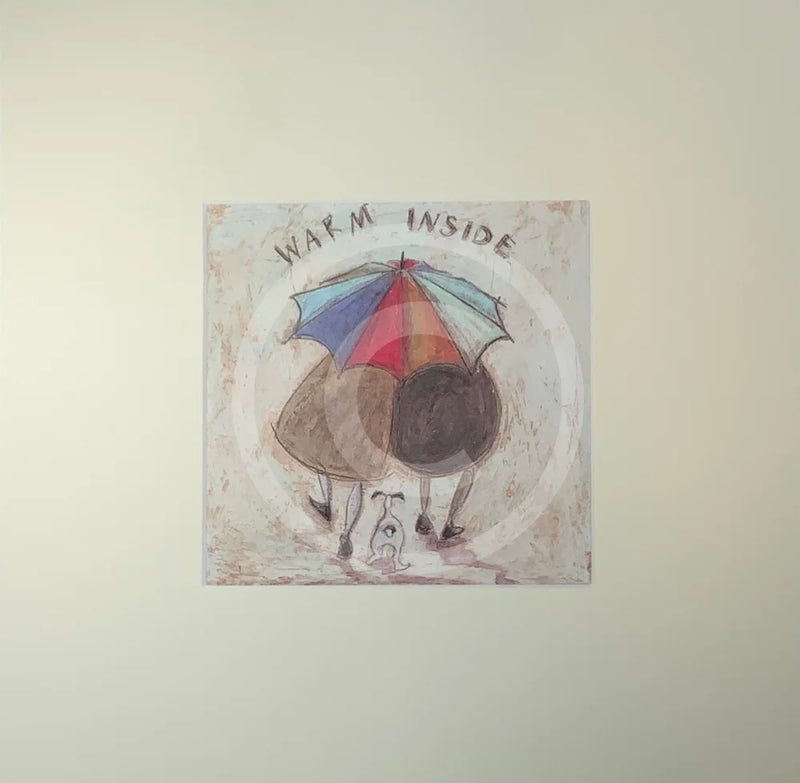 Meet the Mustards: Warm Inside by Sam Toft, mounted miniature print. A nostalgic picture of a couple, Mr Mustard and his wife Violet, viewed from the back walking under a brightly coloured umbrella with their black and white dog Doris following behind. 