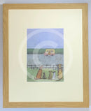 Meet the Mustards: Watching, Waiting, Hoping, Praying by Sam Toft, mounted miniature print. Four dogs and a cat are looking hopefully at an ice cream van in the distance. Framed in oak.