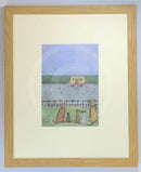 Meet the Mustards: Watching, Waiting, Hoping, Praying by Sam Toft, mounted miniature print. Four dogs and a cat are looking hopefully at an ice cream van in the distance. Framed in oak.