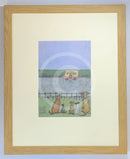 Meet the Mustards: Watching, Waiting, Hoping, Praying by Sam Toft, mounted miniature print. Four dogs and a cat are looking hopefully at an ice cream van in the distance. Framed in oak.
