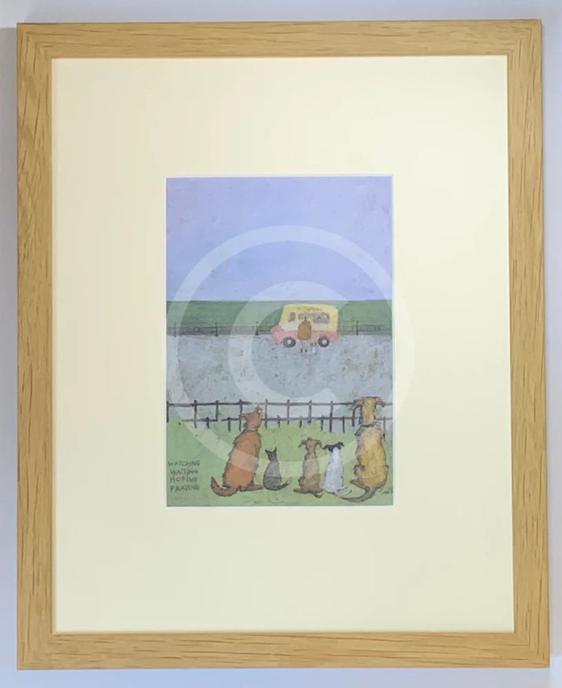 Meet the Mustards: Watching, Waiting, Hoping, Praying by Sam Toft, mounted miniature print. Four dogs and a cat are looking hopefully at an ice cream van in the distance. Framed in oak.