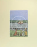 Meet the Mustards: Watching, Waiting, Hoping, Praying by Sam Toft, mounted miniature print. Four dogs and a cat are looking hopefully at an ice cream van in the distance. 