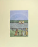 Meet the Mustards: Watching, Waiting, Hoping, Praying by Sam Toft, mounted miniature print. Four dogs and a cat are looking hopefully at an ice cream van in the distance. 