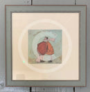 Meet the Mustards: We Have All We Need by Sam Toft, mounted miniature print. A thoughtful picture of a couple, Mr Mustard and his wife Violet, having a cuddle with their black and white dog Doris sat by their feet. Framed in Nordic Blue.