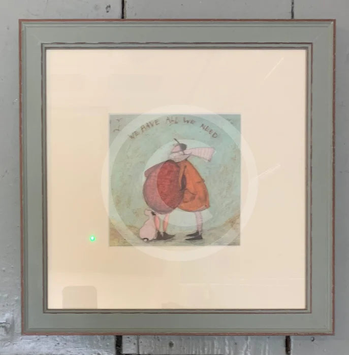 Meet the Mustards: We Have All We Need by Sam Toft, mounted miniature print. A thoughtful picture of a couple, Mr Mustard and his wife Violet, having a cuddle with their black and white dog Doris sat by their feet. Framed in Nordic Blue.