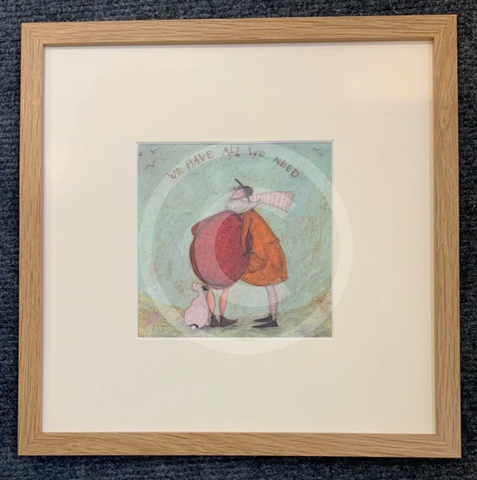 Meet the Mustards: We Have All We Need by Sam Toft, mounted miniature print. A thoughtful picture of a couple, Mr Mustard and his wife Violet, having a cuddle with their black and white dog Doris sat by their feet. Framed in oak.