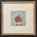 Meet the Mustards: We Have All We Need by Sam Toft, mounted miniature print. A thoughtful picture of a couple, Mr Mustard and his wife Violet, having a cuddle with their black and white dog Doris sat by their feet. Framed in oak.