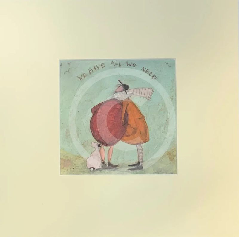 Meet the Mustards: We Have All We Need by Sam Toft, mounted miniature print. A thoughtful picture of a couple, Mr Mustard and his wife Violet, having a cuddle with their black and white dog Doris sat by their feet. 