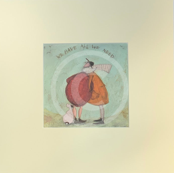 Meet the Mustards: We Have All We Need by Sam Toft, mounted miniature print. A thoughtful picture of a couple, Mr Mustard and his wife Violet, having a cuddle with their black and white dog Doris sat by their feet. 