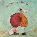Meet the Mustards: We Have All We Need by Sam Toft, mounted miniature print. A thoughtful picture of a couple, Mr Mustard and his wife Violet, having a cuddle with their black and white dog Doris sat by their feet. 